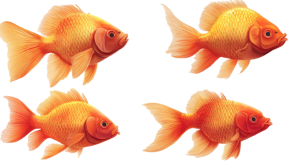Golden Fish Quartet: Four vibrant goldfish, showcasing a variety of poses and angles, create a visually captivating image perfect for aquatic themes or decorative purposes.