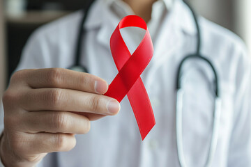 Close-up of healthcare professional holding red ribbon for AIDS awareness generative ai