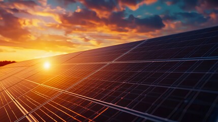 Solar Panels Reflecting Warm Sunset Light Over Cloudy Sky