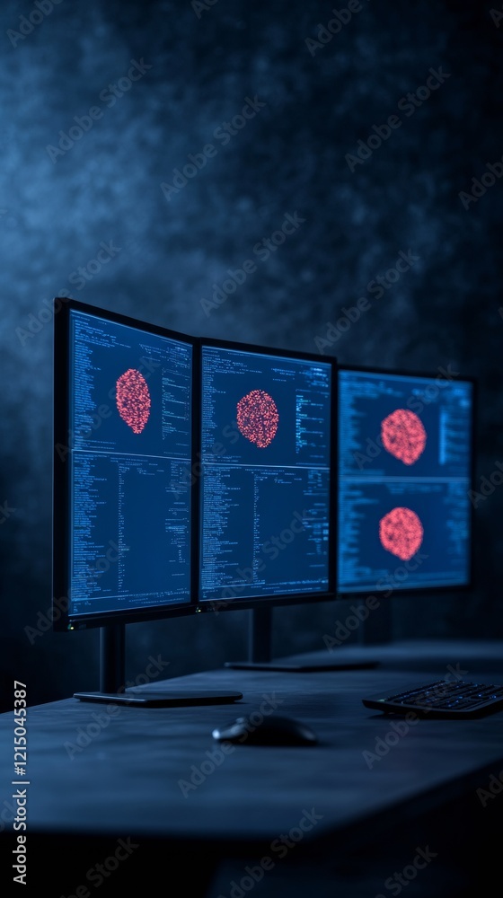 Poster Cutting-Edge Cybersecurity Display Triple Monitor Network Ops Center with Blue Digital Interface - Advanced Data Protection and Crisis Management for Tech Enterprises