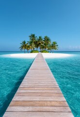 Fototapeta premium Serene Tropical Island with Soft White Sands and Lush Palm Trees Under Clear Blue Sky