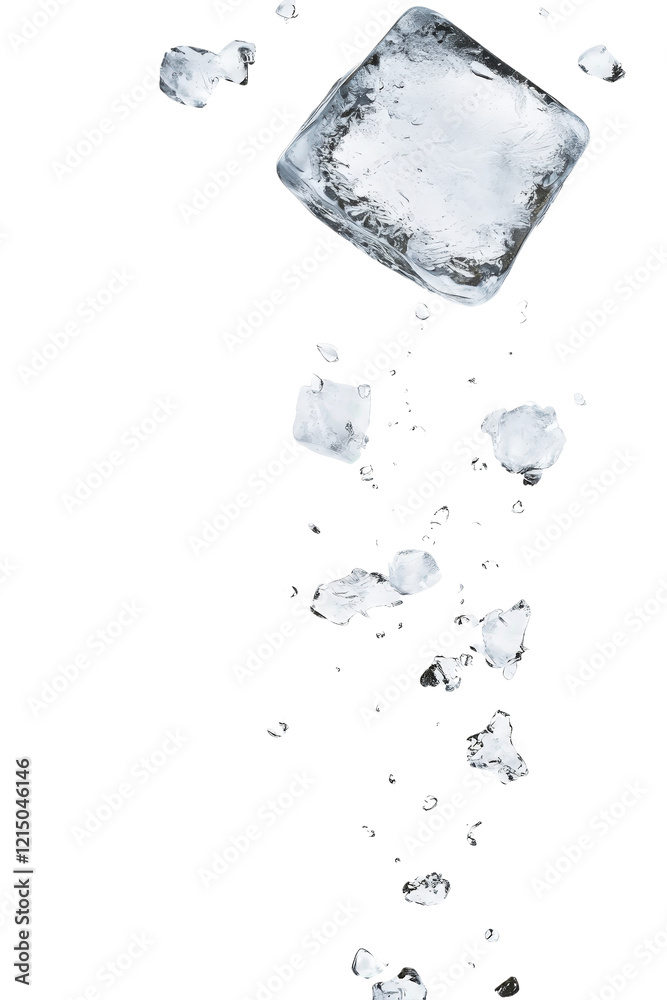 Poster ice cubes splashing into clear water creating ripples and bubbles in a refreshing scene isolated on 