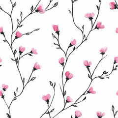 Seamless pattern of branch and flowers in wavy and vintage style