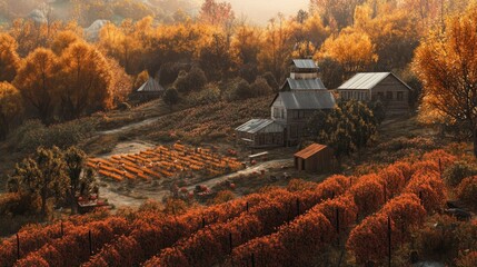 Scenic Autumn Farm Landscape with Vintage Buildings and Vineyards