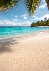 Fototapeta premium Golden Shadows of Palm Tree Stretching Across the Sandy Beach Under Bright Sky