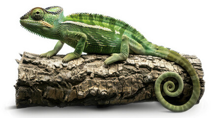 Obraz premium A green chameleon sits on top of a tree trunk against a white background in the clip art style without shadow and with soft lighting. The image is high resolution and hyper realistic without shading.