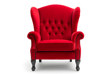 Fototapeta premium Elegant red velvet armchair with wooden legs. Santa's red velvet armchair isolated on white background