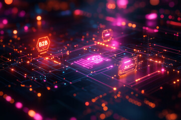 "B2B" displayed on a gradient background with abstract contract symbols and data flow. Bright lighting, contrast
