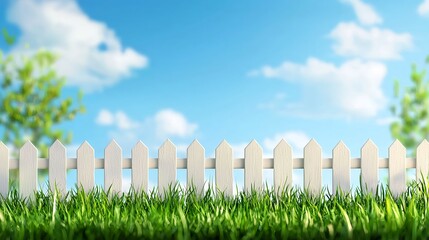 Obraz premium White Picket Fence with Clear Blue Sky and Fluffy Clouds Outdoors