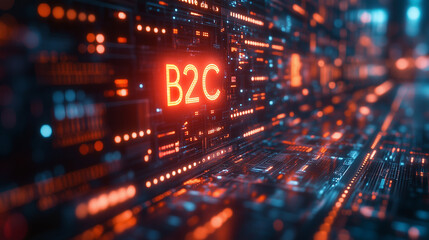 "B2C" in the center of an abstract shopping interface graphic. Bright lighting, contrast