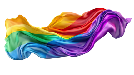 Rainbow Pride: A vibrant and flowing rainbow flag, symbolizing LGBTQ+ pride and unity, captured in a graceful and dynamic motion against a clean background.