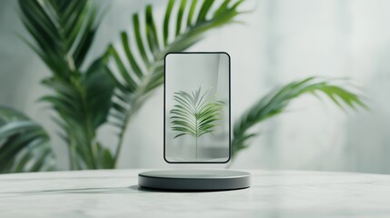 A sleek, modern device displays a leaf design, surrounded by lush green foliage, creating a serene and stylish atmosphere.