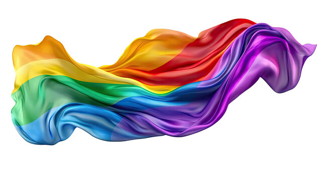 Rainbow Pride: A vibrant and flowing rainbow flag, symbolizing LGBTQ+ pride and unity, captured in a graceful and dynamic motion against a clean background.