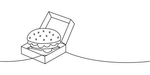 Delicious burger in cardboard box one line continuous drawing. Traditional American fast food. Vector illustration.