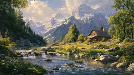 Fototapeta premium Idyllic Mountain Cabin Scene with Flowing Stream, Majestic Peaks and Lush Greenery