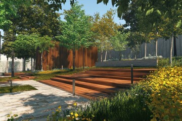Obraz premium Sunlit park with wooden amphitheater steps, rust-colored wall, and lush greenery.