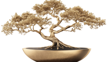 Golden Bonsai: A golden bonsai tree stands proudly in a matching metallic pot, its intricate branches reaching towards the light, symbolizing resilience, patience.