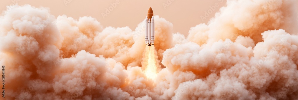 Poster dynamic launch visualization modern space shuttle amidst fiery booster trails - cutting-edge aerospa