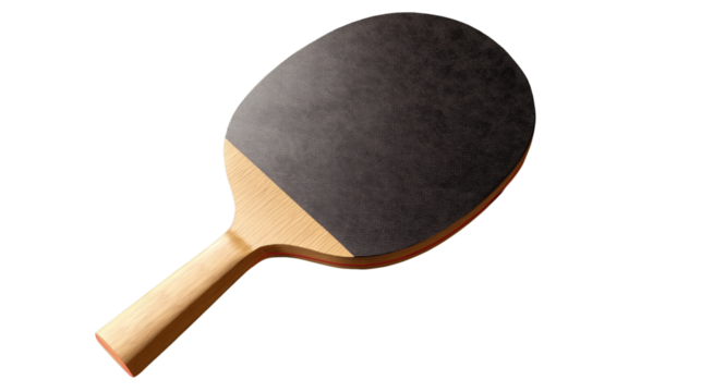 Table Tennis Paddle: Close-up of a classic table tennis paddle, showcasing its dark-colored rubber surface and light-colored wooden handle.  Perfect for sports-related projects or websites. 