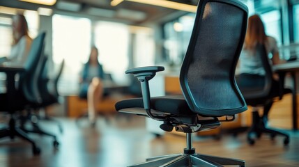 A high-quality image of an office chair that suddenly tips backward due to a prank, with someone in the background laughing 