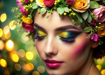 Naklejka premium Low Light Spring Makeup: Garden Eyebrow & Floral Details - Stock Photo