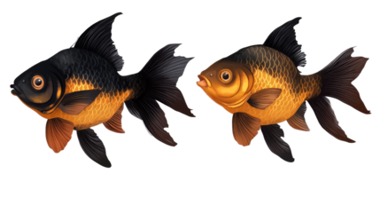 Black & Gold Goldfish Duo: Two goldfish, one with black and gold scales and the other with classic golden scales, swim side by side in this captivating illustration.