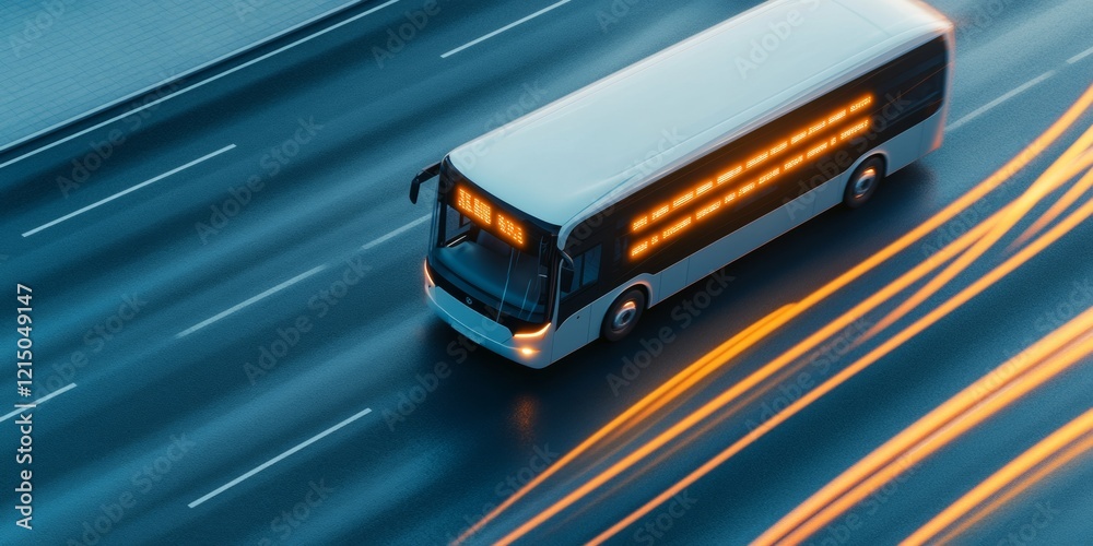 Poster dynamic urban mobility modern bus on led-lit city street - futuristic transport design for smart cit