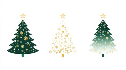 Elegant Christmas trees with golden snowflakes and star ornaments