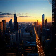 Naklejka premium Aerial View of City Skyline at Dusk with Vibrant Sunset Colors