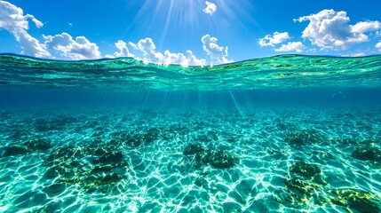 Fototapeta premium Crystal Clear Waters Under Bright Sunlight With Cloudy Sky