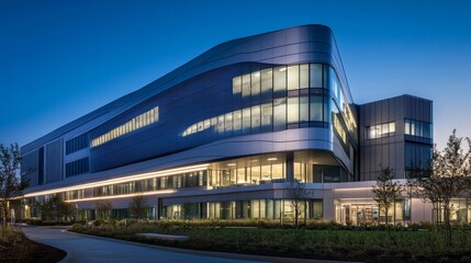 Obraz premium A twilight view of an architectural photographer capturing the illuminated facade of a futuristic hospital building designed with patient comfort and healing in mind, Hospital architecture scene