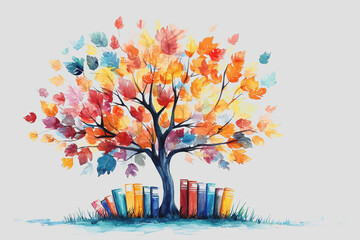 Tree with books hanging from branches in a natural setting representing knowledge and nature combined