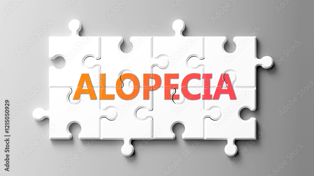 Poster alopecia complex like a puzzle - pictured as word alopecia on a puzzle pieces to show that alopecia 