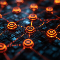 "B2B" on a geometric dark background with illuminated network nodes connecting businesses. Bright lighting, contrast