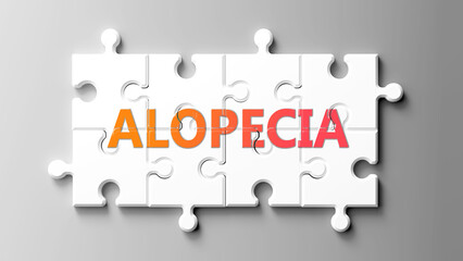 Alopecia complex like a puzzle - pictured as word alopecia on a puzzle pieces to show that alopecia is complex and needs cooperating pieces that fit together. ,3d illustration