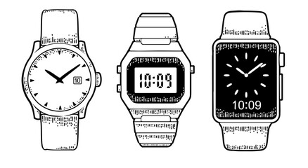 Electronic and mechanical metal wristwatch, smart watch. Vintage vector black engraving illustration for info graphic, poster, web. Isolated on white background.