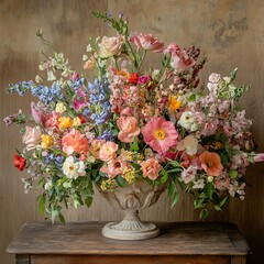Exotic tropical bouquet in elegant gold vase with bright and vibrant design