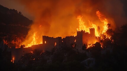 Obraz premium Dramatic view of an ancient castle engulfed in flames during wildfire