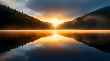 Fototapeta premium Serene Sunrise Over Misty Lake with Reflective Water Surface