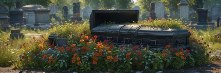 An old grave with a black casket, overgrown with weeds, weeds, silence, neglect