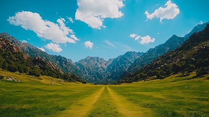 Obraz premium Serene Mountain Landscape with Lush Green Meadow and Blue Sky