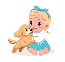 happy cute little baby girl kid play with dog