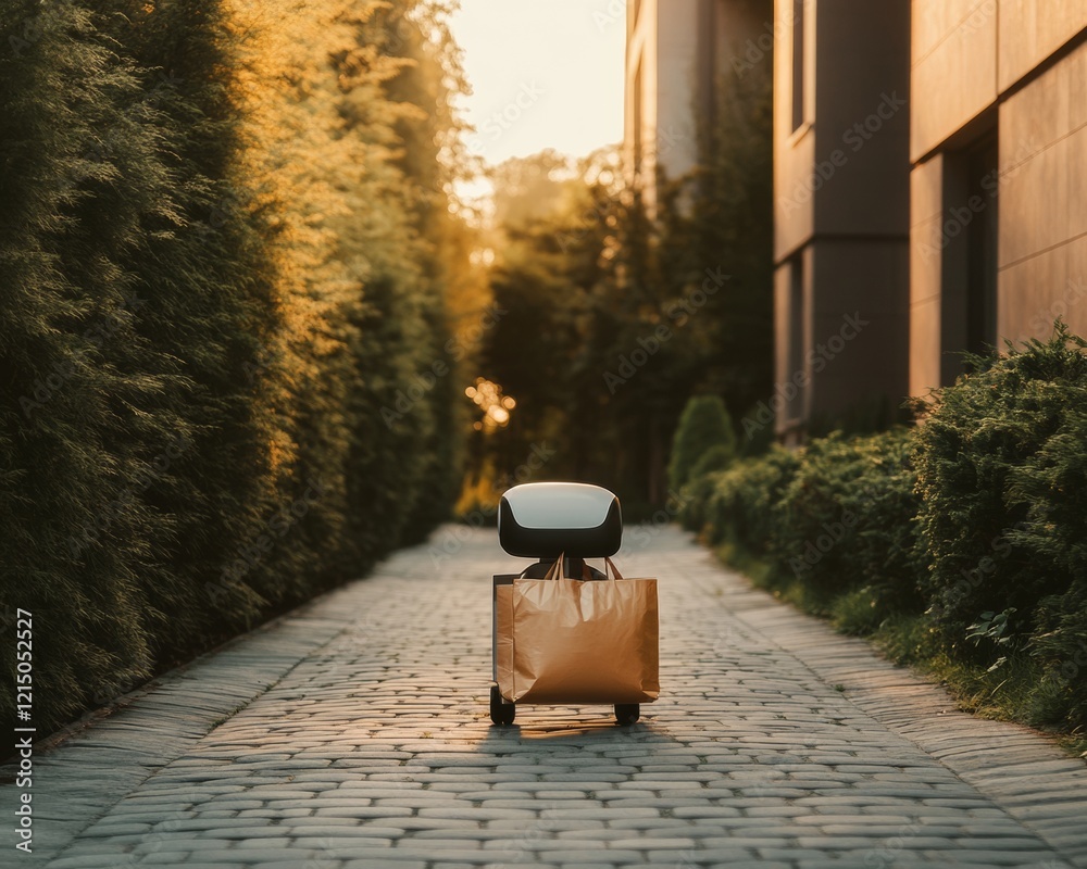 Poster robotic home assistant navigates cobblestone pathway with groceries sustainable smart living in mode