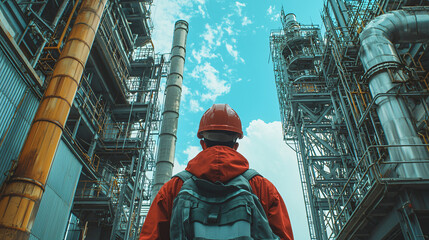 Worker Analyzing Project Details: Back view of an engineer with a safety helmet and blueprints.