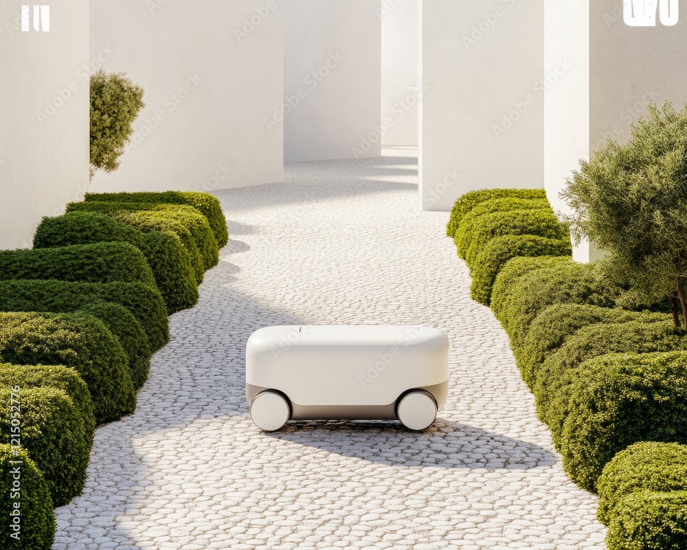 Poster Eco-Friendly Robotics Modern Service Bot on Textured Cobblestones in Green Suburban Pathway - Smart Home Integration and Sustainable Urban Transport Solutions