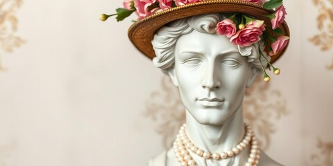 Antique male bust with carnation bouquet in a hat adorned with pearls, art, beads