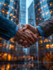 Corporate handshake, detailed view of two business professionals in a moment of agreement, skyscraper office background,