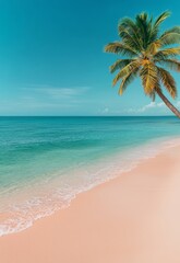Obraz premium Tranquil Tropical Island Beach with Soft Sands and Palm Trees by the Clear Ocean