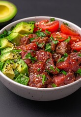 Fototapeta premium Fresh Tuna Poke Bowl with Avocado, Tomato, and Sesame Garnish in a White Bowl