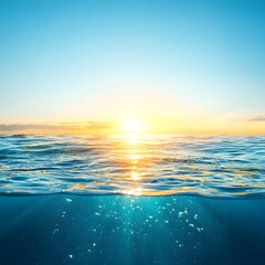 Obraz premium Tranquil Ocean Waves Under a Brilliant Sunrise Over the Horizon